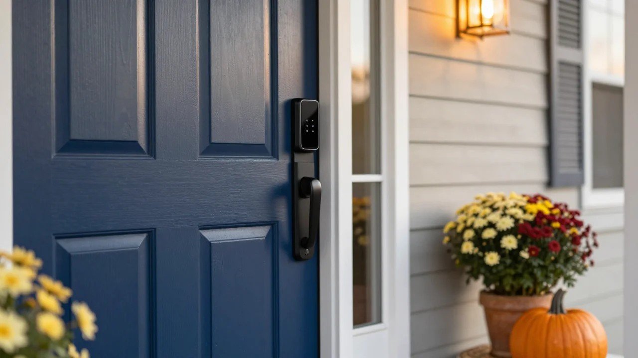 Matte black smart deadbolt lock with touch keypad on a navy blue front door of an American home with autumn porch decor