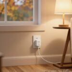White plug-in smart plug in a wall outlet powering a table lamp in a cozy American living room in fall