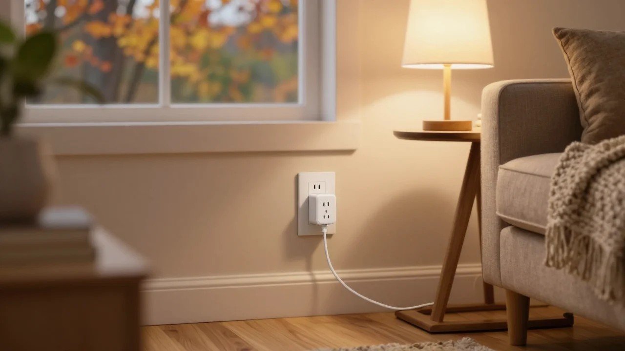 White plug-in smart plug in a wall outlet powering a table lamp in a cozy American living room in fall