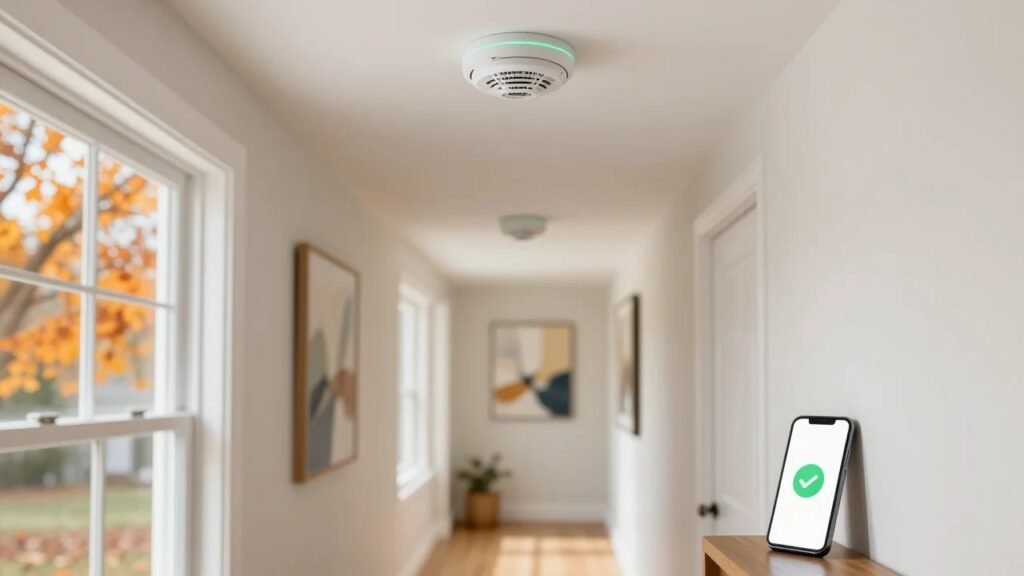 Round white smart smoke and carbon monoxide alarm on the ceiling of an American home hallway in autumn, with a phone showing a green checkmark