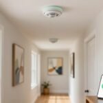 Round white smart smoke and carbon monoxide alarm on the ceiling of an American home hallway in autumn, with a phone showing a green checkmark