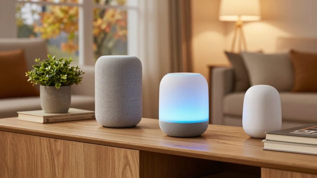Three fabric smart speakers with a glowing blue light ring on an oak sideboard in a cozy American living room
