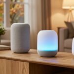 Three fabric smart speakers with a glowing blue light ring on an oak sideboard in a cozy American living room