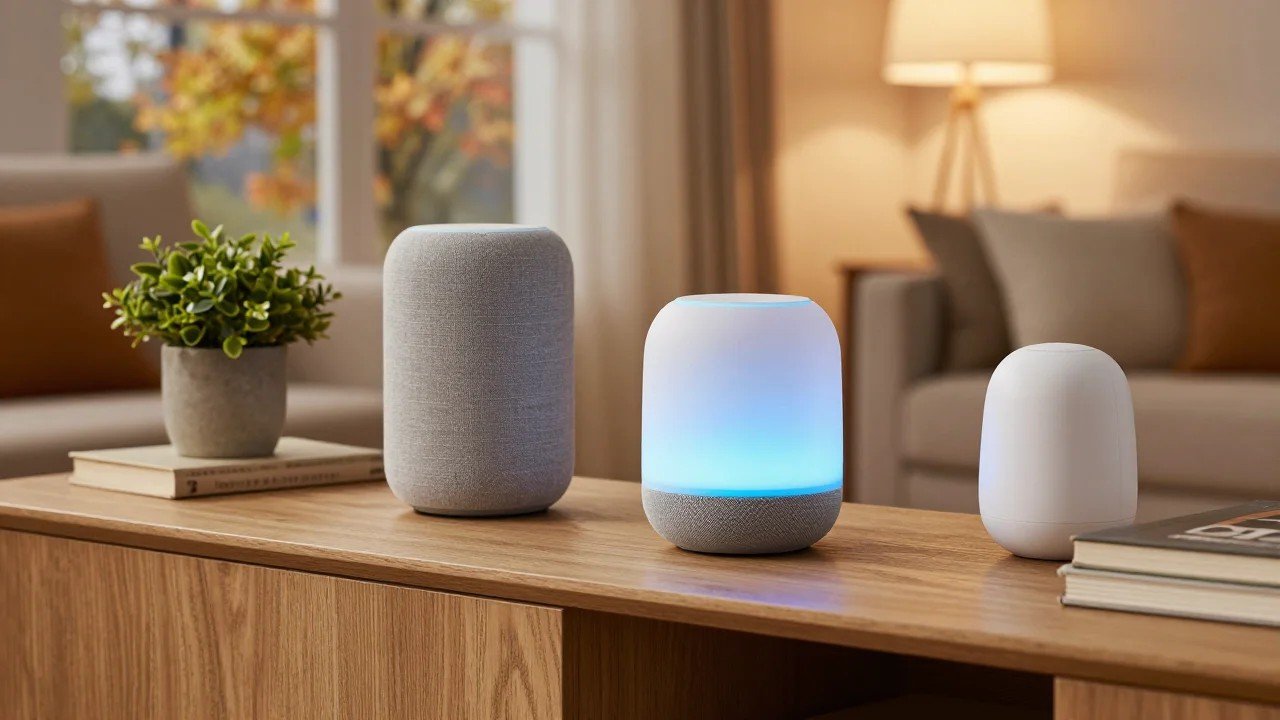 Three fabric smart speakers with a glowing blue light ring on an oak sideboard in a cozy American living room