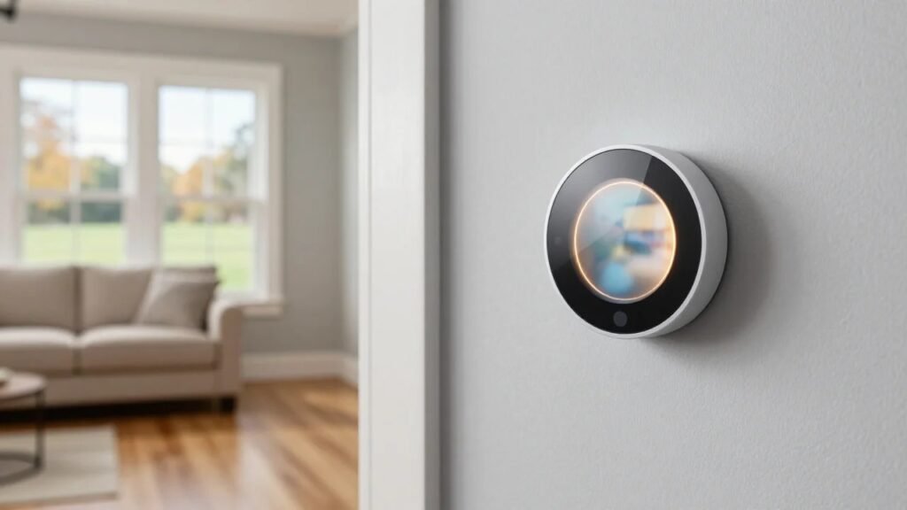 Round smart thermostat with a soft glowing ring on a light gray wall in a modern American home hallway overlooking a living room
