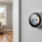 Round smart thermostat with a soft glowing ring on a light gray wall in a modern American home hallway overlooking a living room