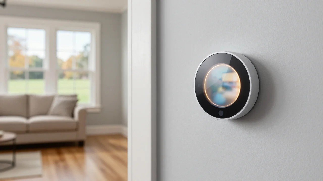 Round smart thermostat with a soft glowing ring on a light gray wall in a modern American home hallway overlooking a living room