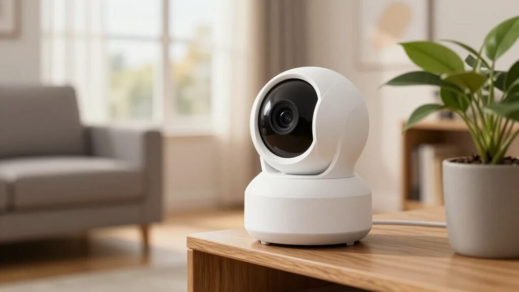 White pan-and-tilt indoor security camera on a wooden table in a sunny American living room