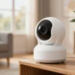 White pan-and-tilt indoor security camera on a wooden table in a sunny American living room