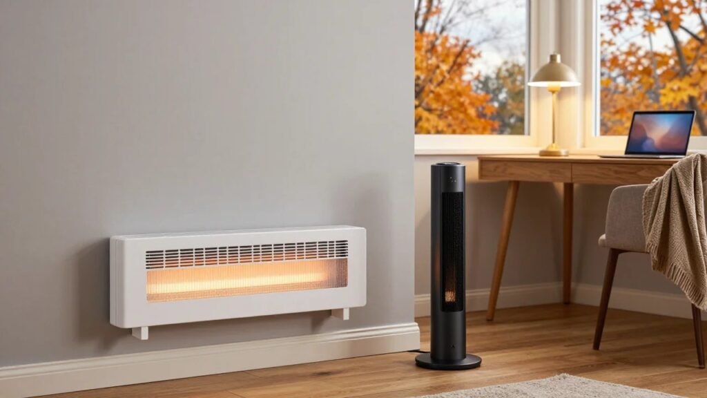 White wall-mounted smart space heater and black tower heater warming a cozy American home office in fall