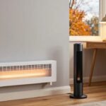 White wall-mounted smart space heater and black tower heater warming a cozy American home office in fall