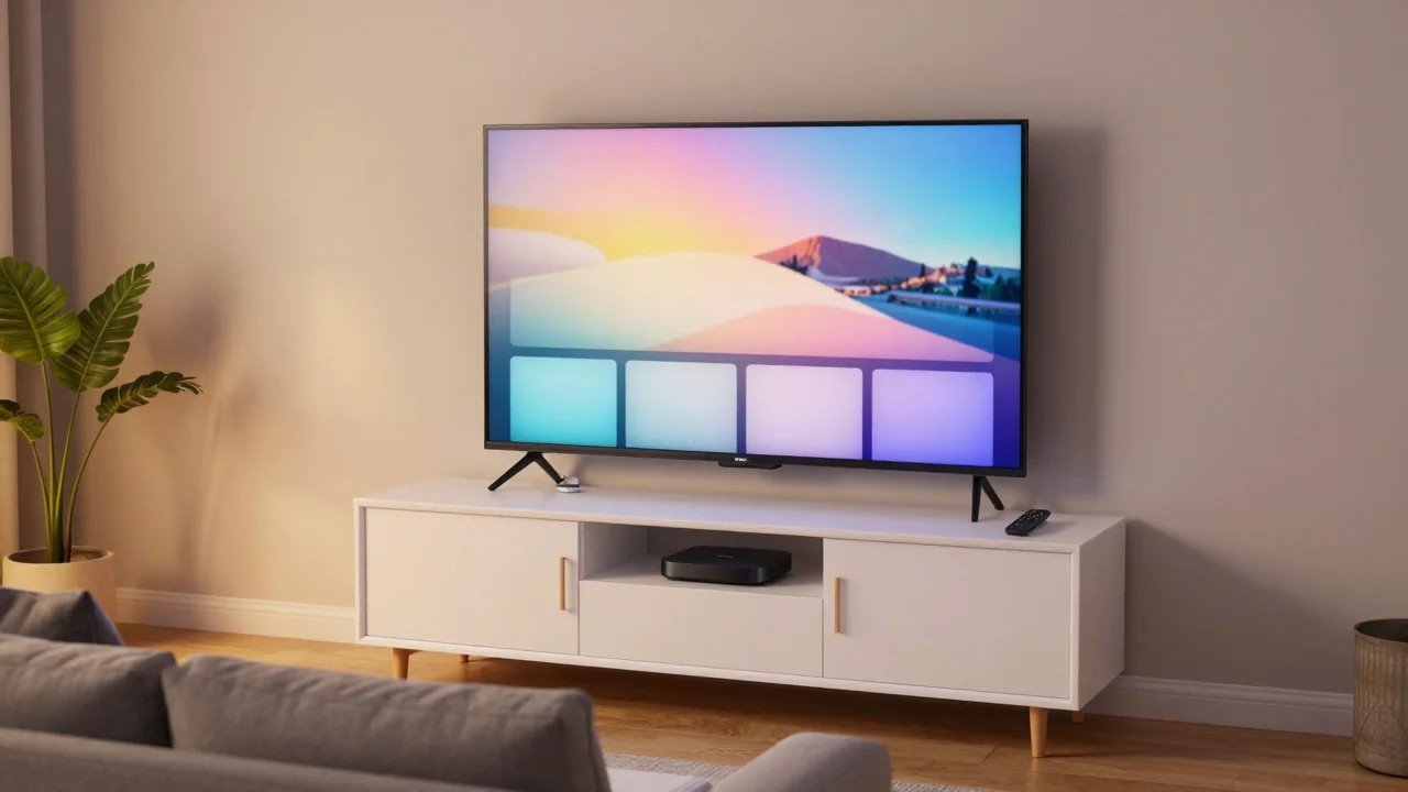 TV streaming device and remote on a white media console under a large TV in a cozy American living room