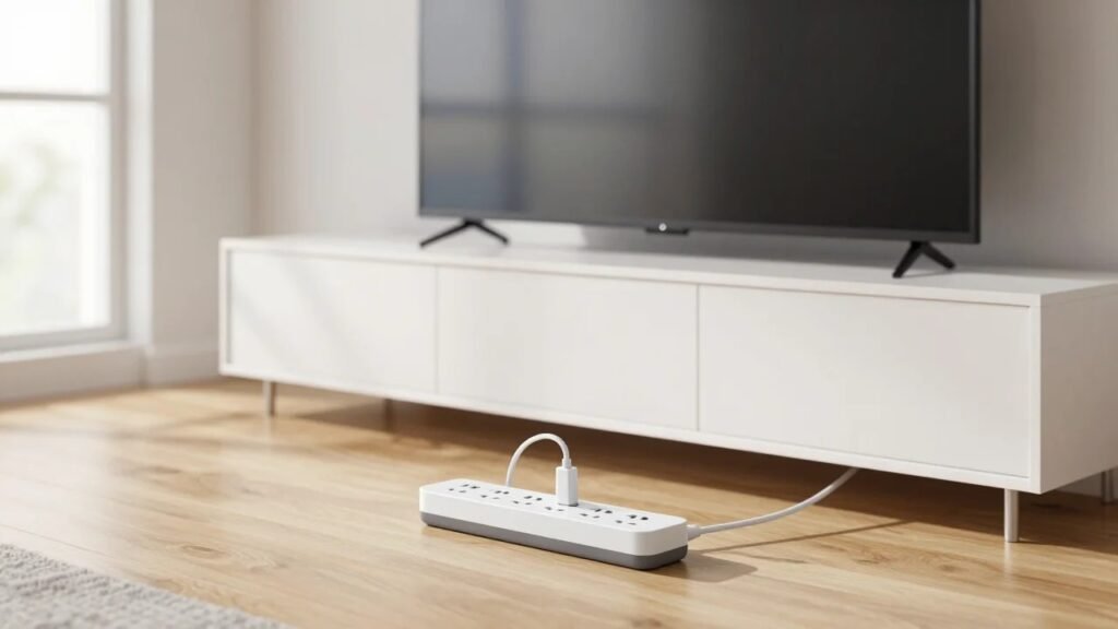 Surge protector power strip on hardwood floor in a modern American living room