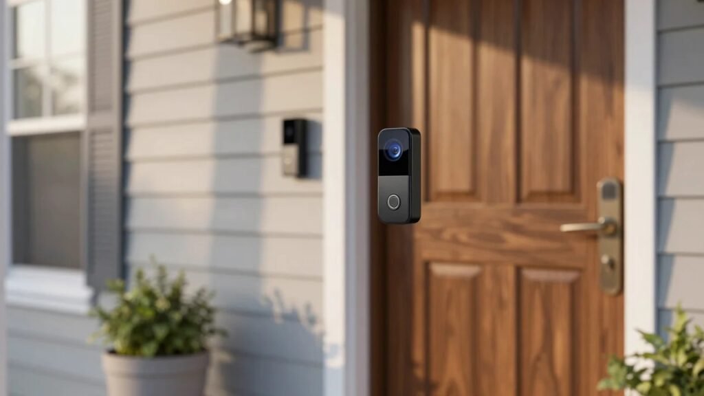 Modern black video doorbell on an American suburban front porch beside a wood front door