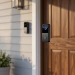 Modern black video doorbell on an American suburban front porch beside a wood front door