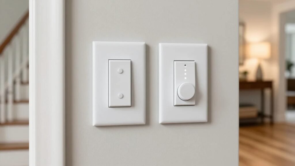 Two white smart light switches, a paddle switch and a dimmer, on a wall in a modern American home entryway