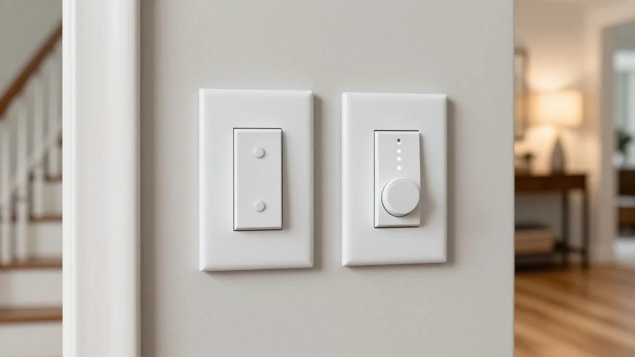 Two white smart light switches, a paddle switch and a dimmer, on a wall in a modern American home entryway