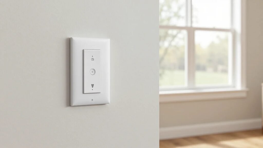 White smart light switch on a light drywall in a modern American living room with daylight from a double-hung window