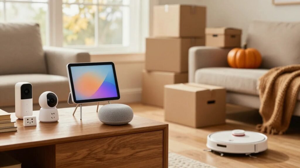 Smart home devices including a video doorbell, security camera, smart display, smart speaker and robot vacuum in an autumn American living room with shipping boxes