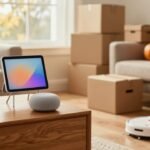 Smart home devices including a video doorbell, security camera, smart display, smart speaker and robot vacuum in an autumn American living room with shipping boxes