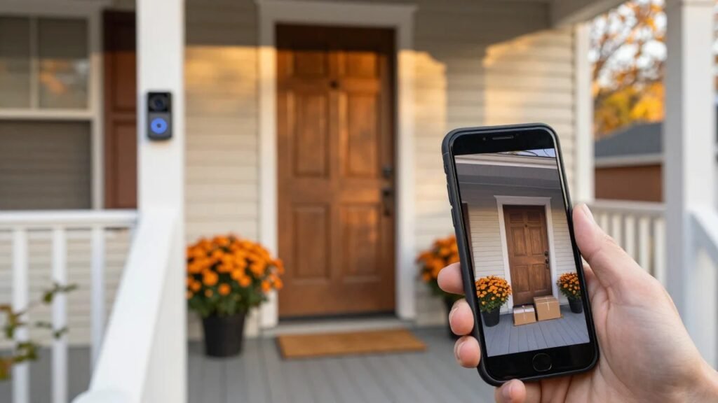 Black Ring-style battery video doorbell beside a wooden front door on an American porch in autumn, with a phone showing the live doorbell view