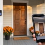 Black Ring-style battery video doorbell beside a wooden front door on an American porch in autumn, with a phone showing the live doorbell view