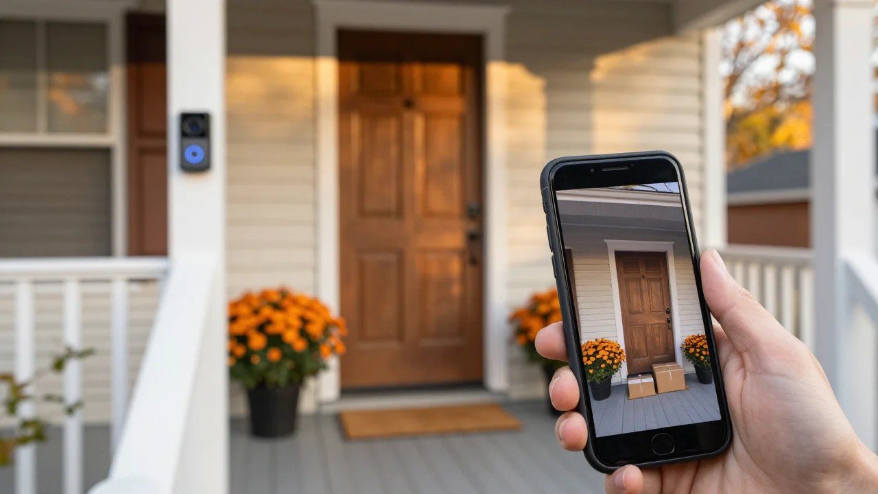 Black Ring-style battery video doorbell beside a wooden front door on an American porch in autumn, with a phone showing the live doorbell view